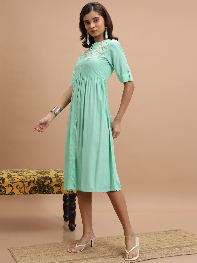 Women Turquoise Embroidered A-Line Dress