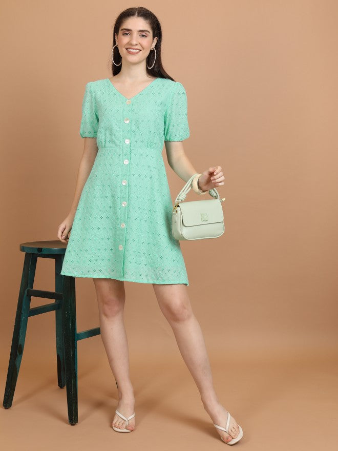 Women Green Embroidered A-Line Dress