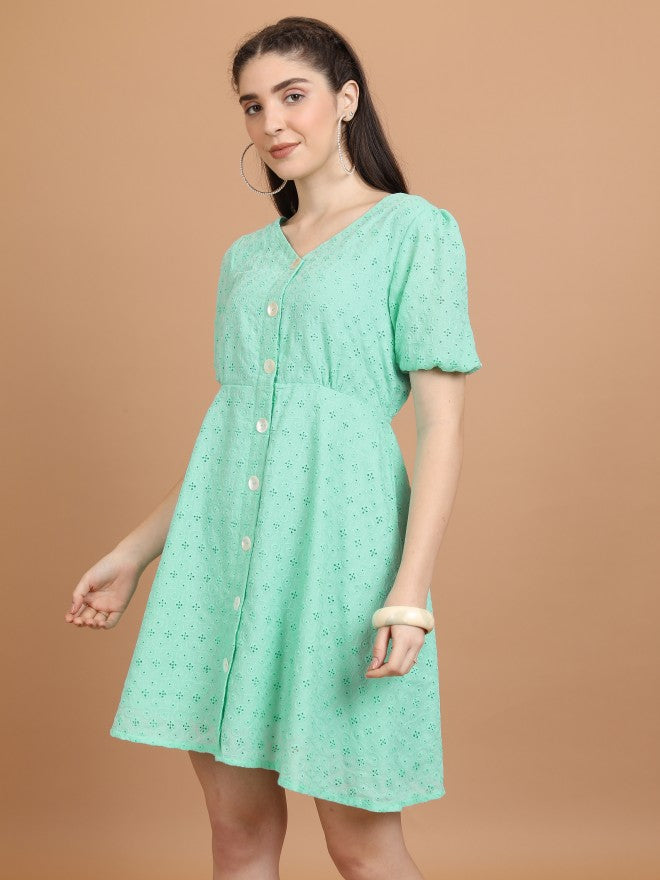 Women Green Embroidered A-Line Dress