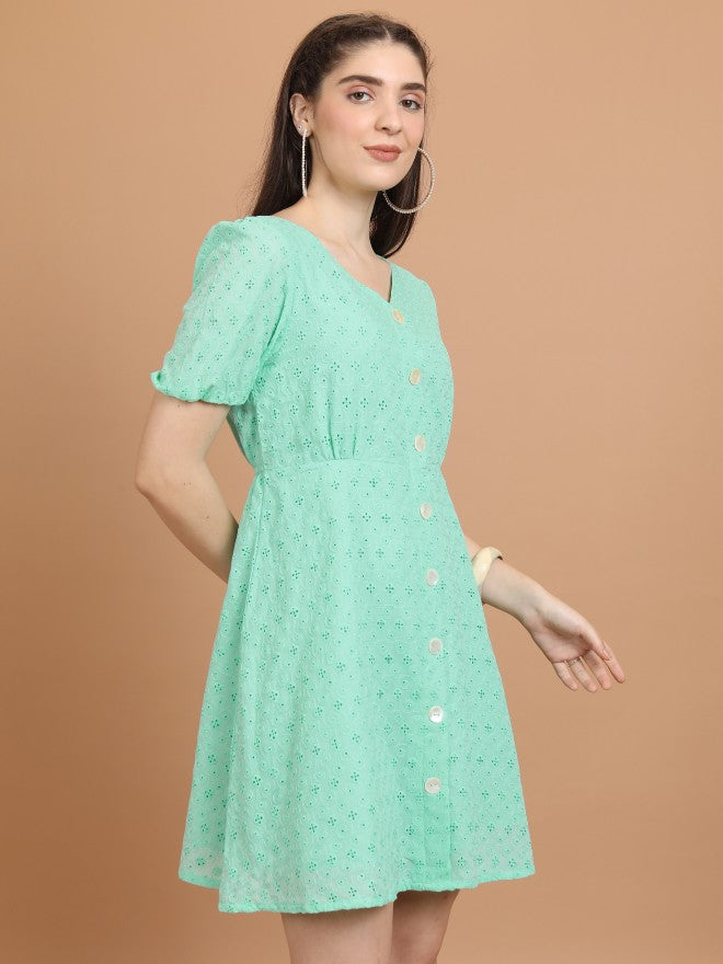 Women Green Embroidered A-Line Dress