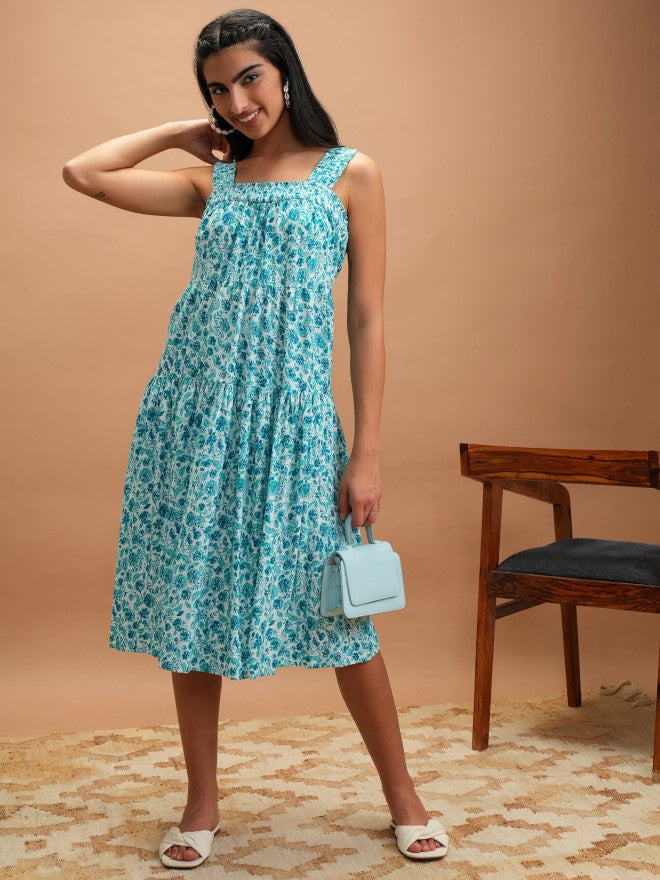 Women Turquoise Printed A-Line Dress