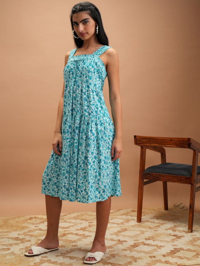 Women Turquoise Printed A-Line Dress