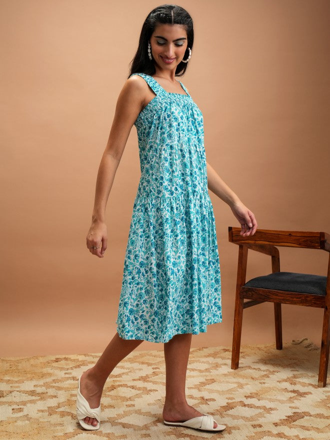 Women Turquoise Printed A-Line Dress