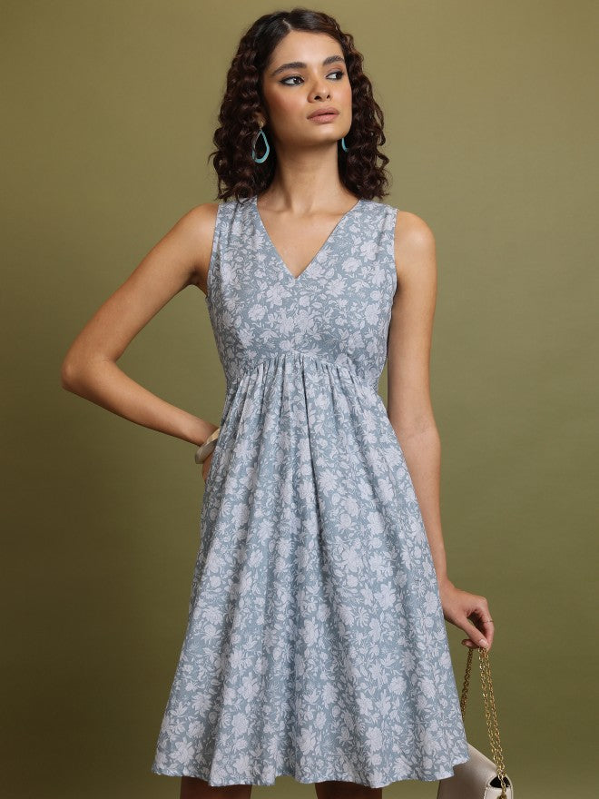 Women Blue Printed A-Line Dress