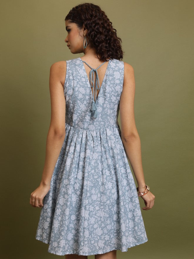 Women Blue Printed A-Line Dress