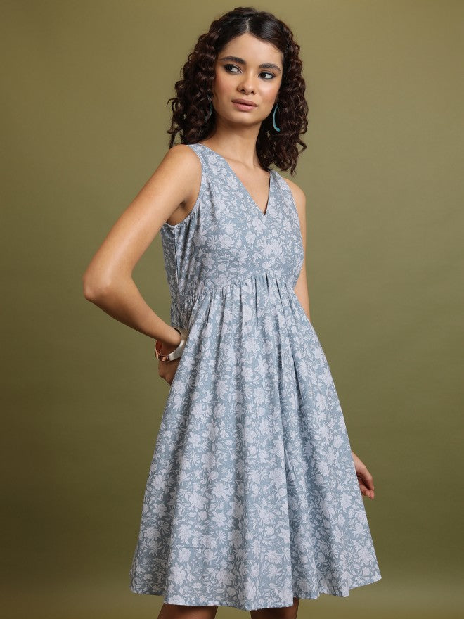 Women Blue Printed A-Line Dress