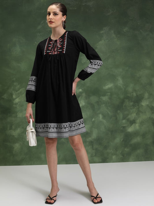 Women Black Embroidered A-Line Dress