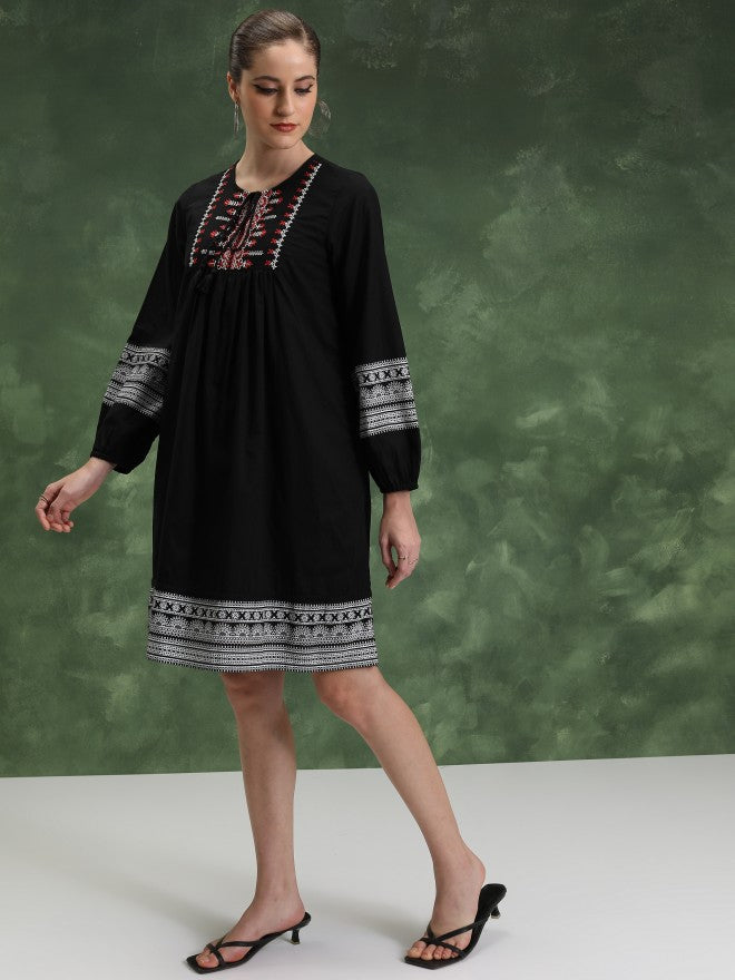 Women Black Embroidered A-Line Dress