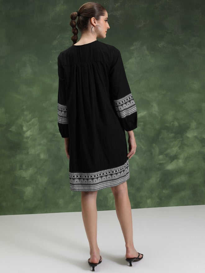 Women Black Embroidered A-Line Dress