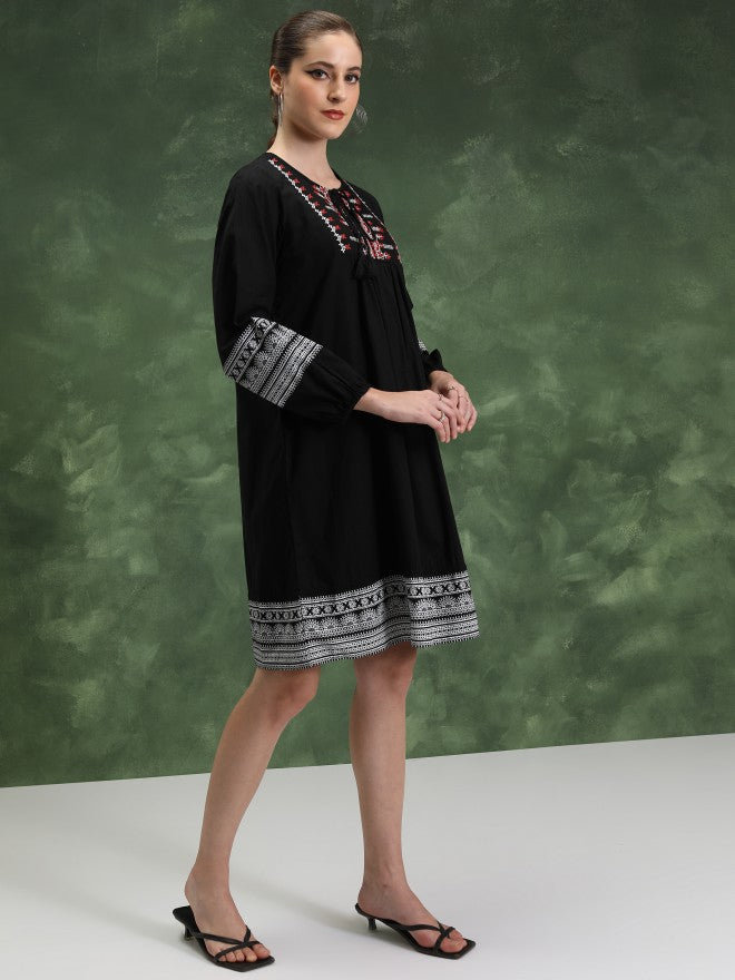 Women Black Embroidered A-Line Dress