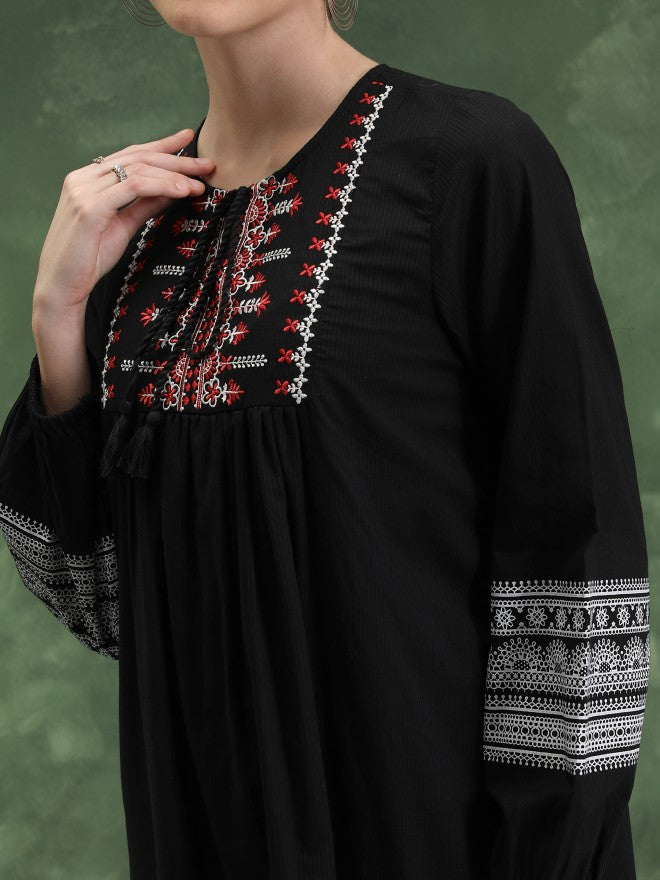 Women Black Embroidered A-Line Dress