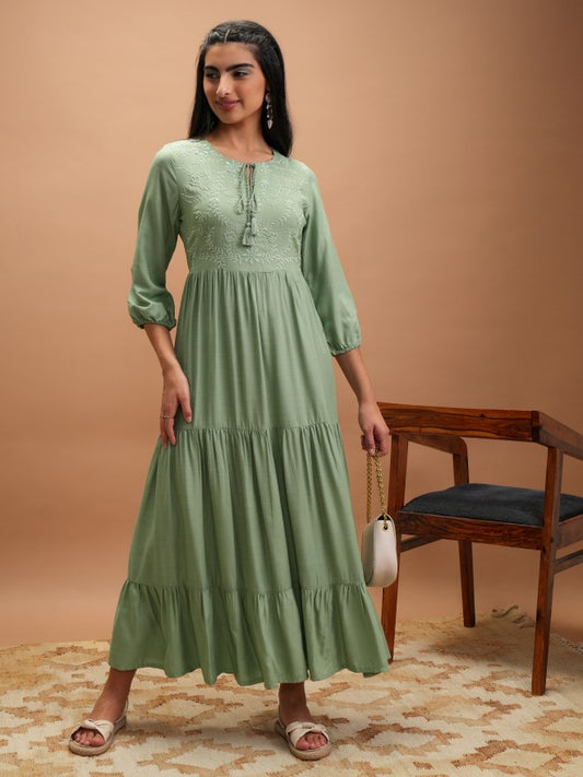 Women Green Embroidered A-Line Dress