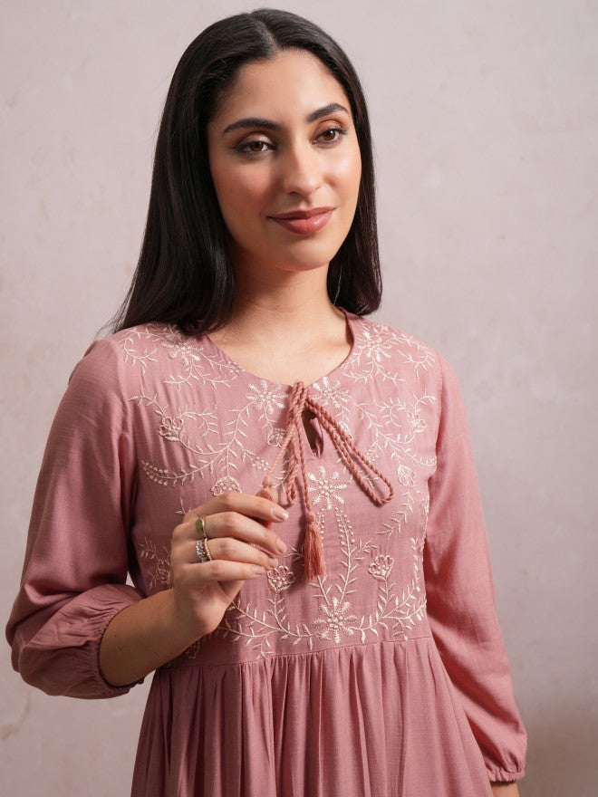 Women Rose Embroidered A-Line Dress