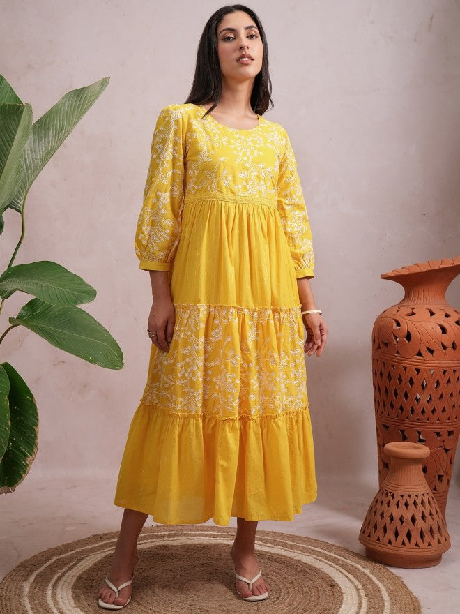 Women Yellow Embroidered A-Line Dress