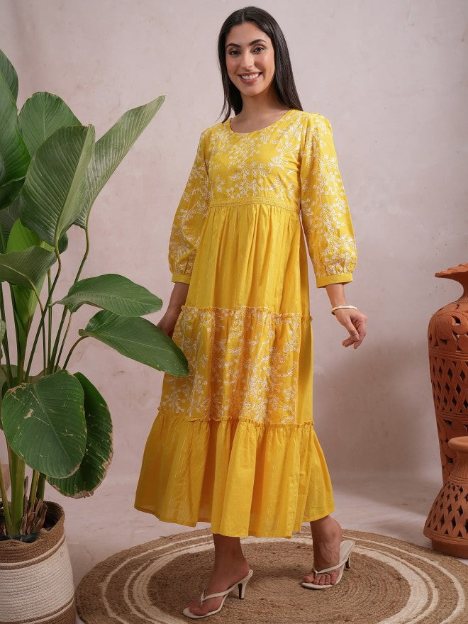 Women Yellow Embroidered A-Line Dress