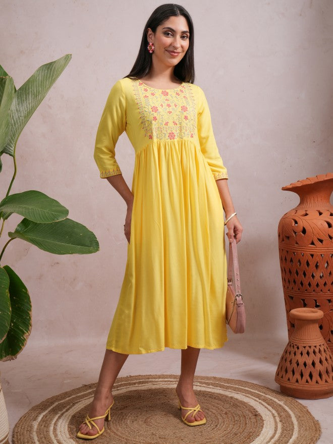 Women Yellow Embroidered A-Line Dress