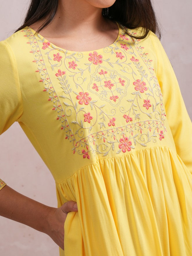 Women Yellow Embroidered A-Line Dress