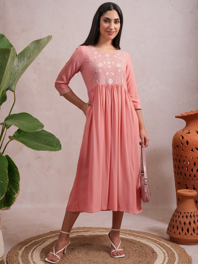 Women Peach Embroidered A-Line Dress