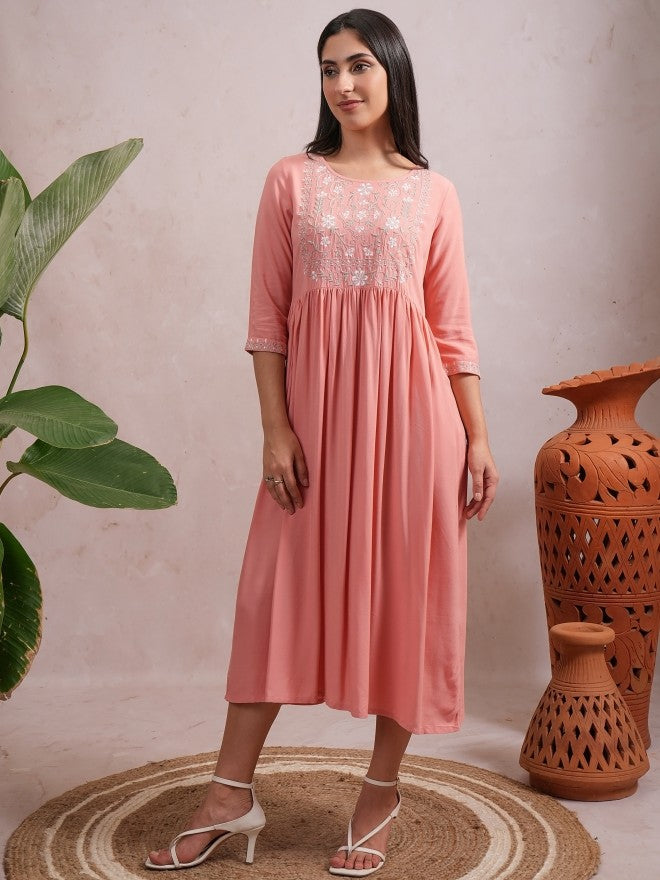 Women Peach Embroidered A-Line Dress