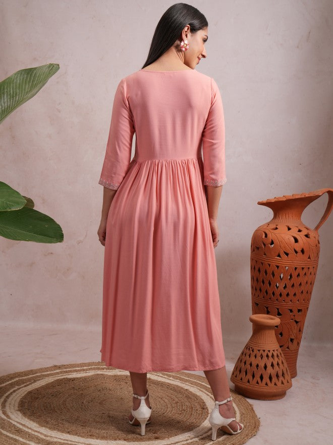 Women Peach Embroidered A-Line Dress