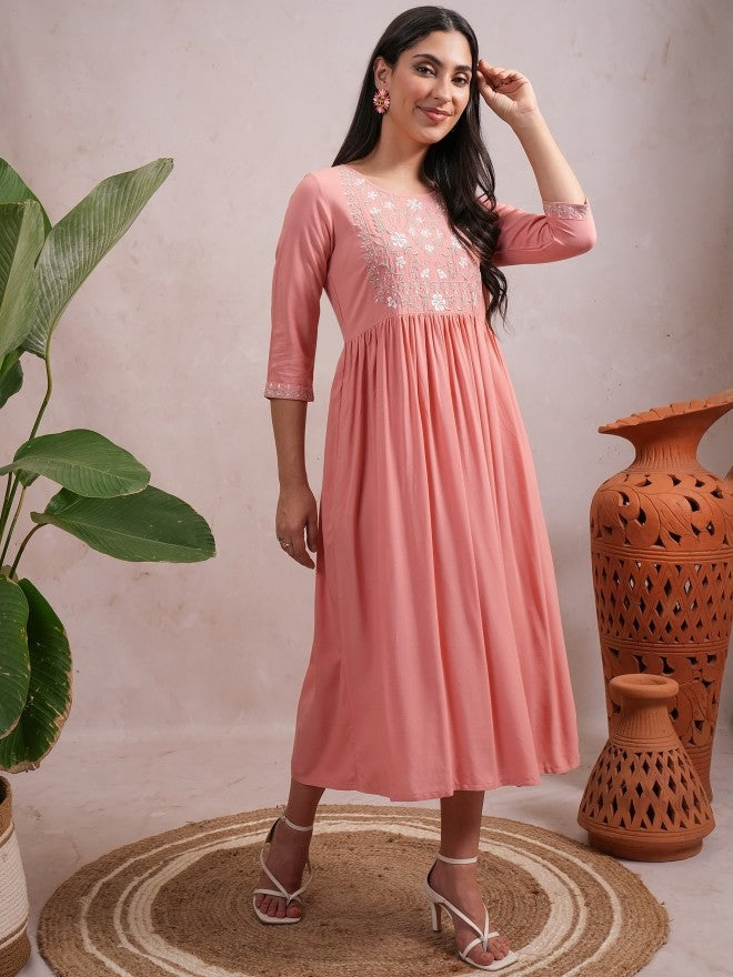 Women Peach Embroidered A-Line Dress