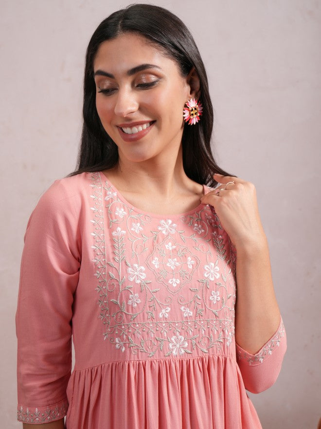 Women Peach Embroidered A-Line Dress