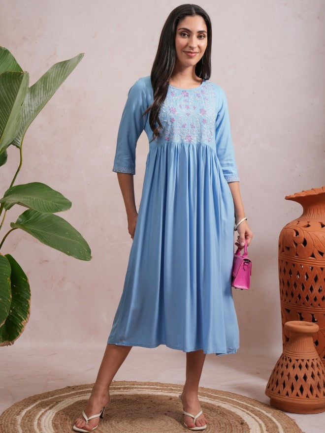 Women Blue Embroidered A-Line Dress