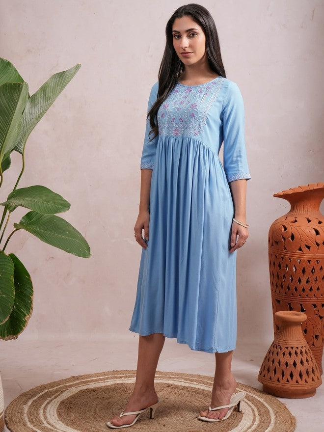 Women Blue Embroidered A-Line Dress