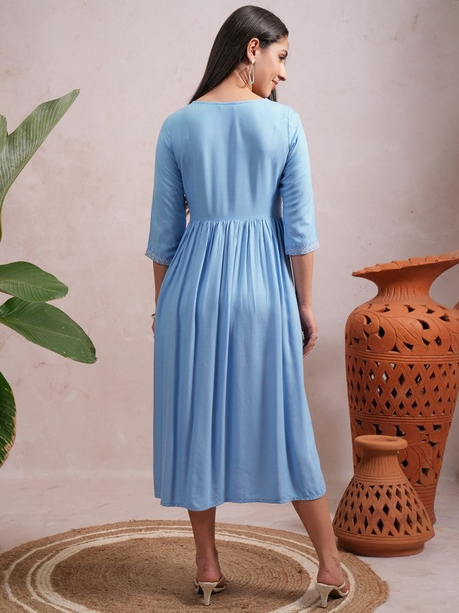 Women Blue Embroidered A-Line Dress