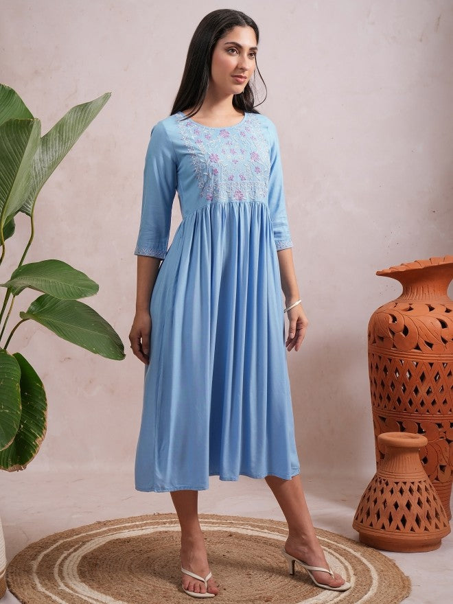 Women Blue Embroidered A-Line Dress