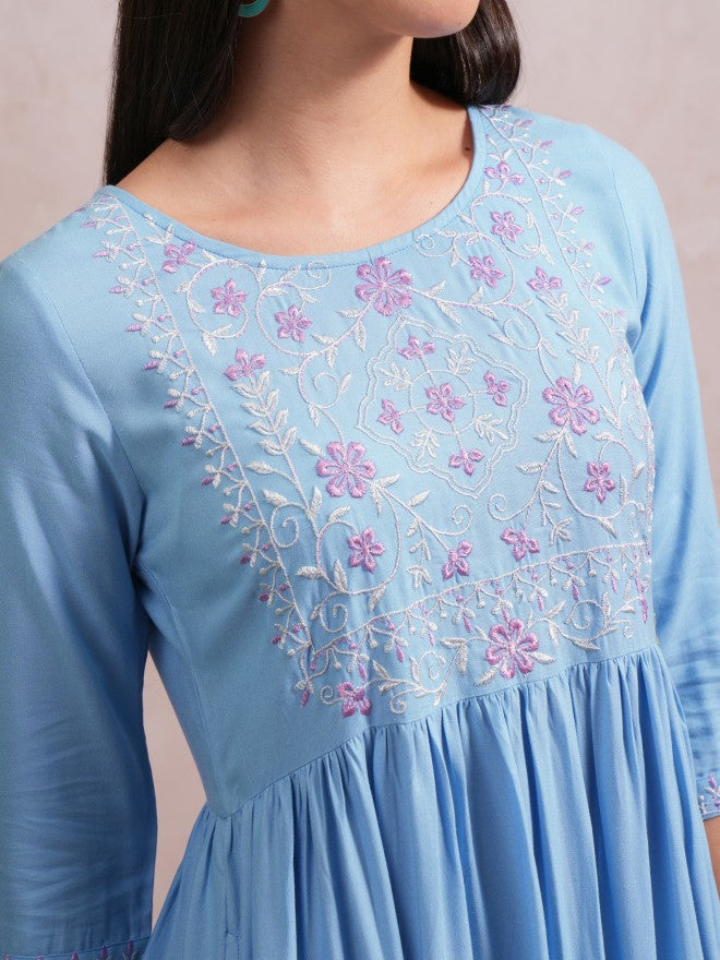 Women Blue Embroidered A-Line Dress