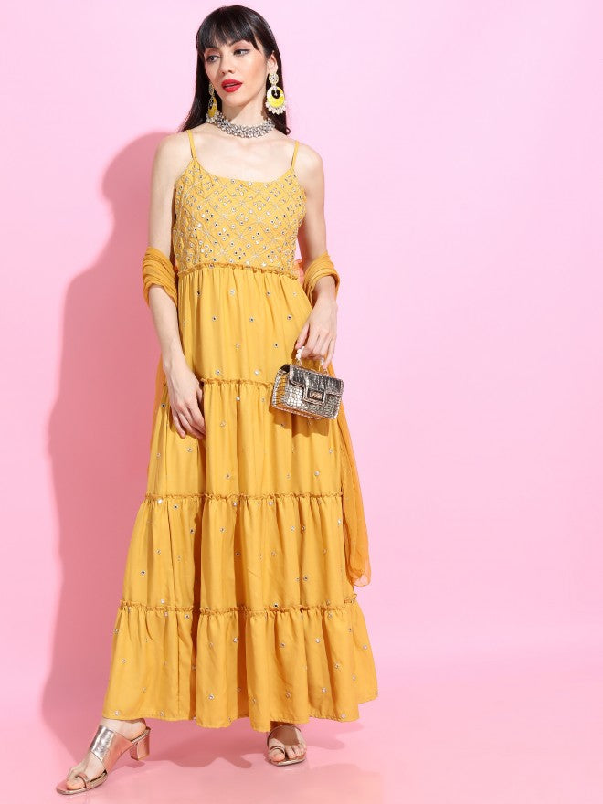 Women Yellow Printed Flared Maxi Dress With Dupatta