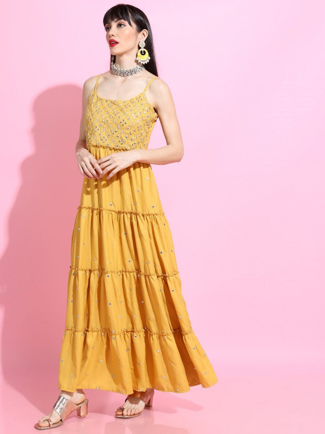 Women Yellow Printed Flared Maxi Dress With Dupatta