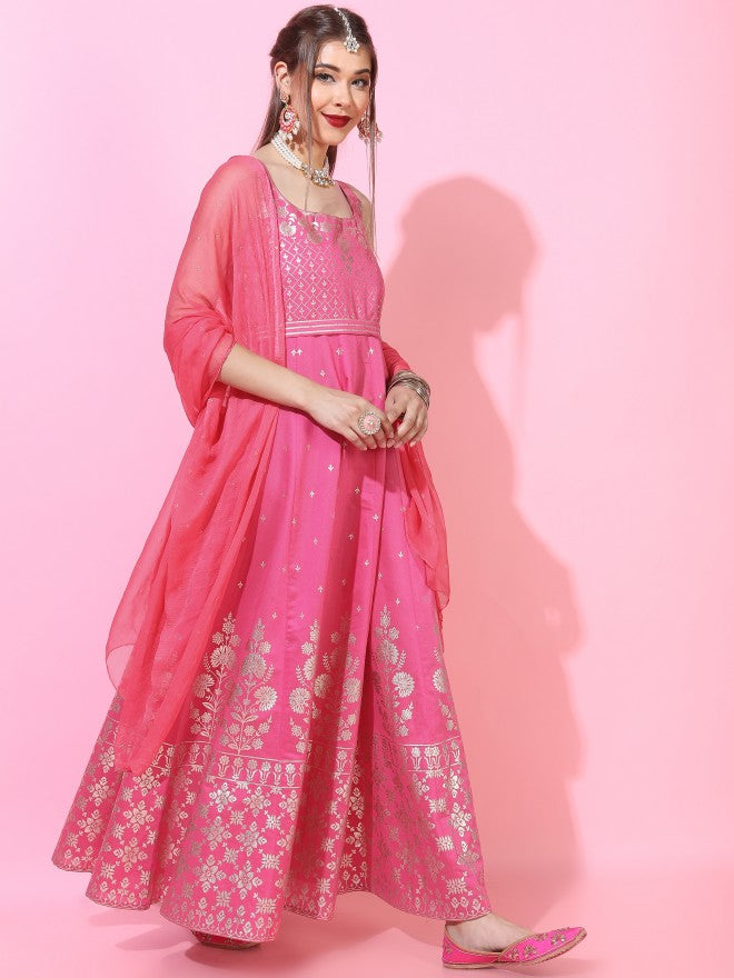 Women Pink Printed A-Line Ethnic Dress