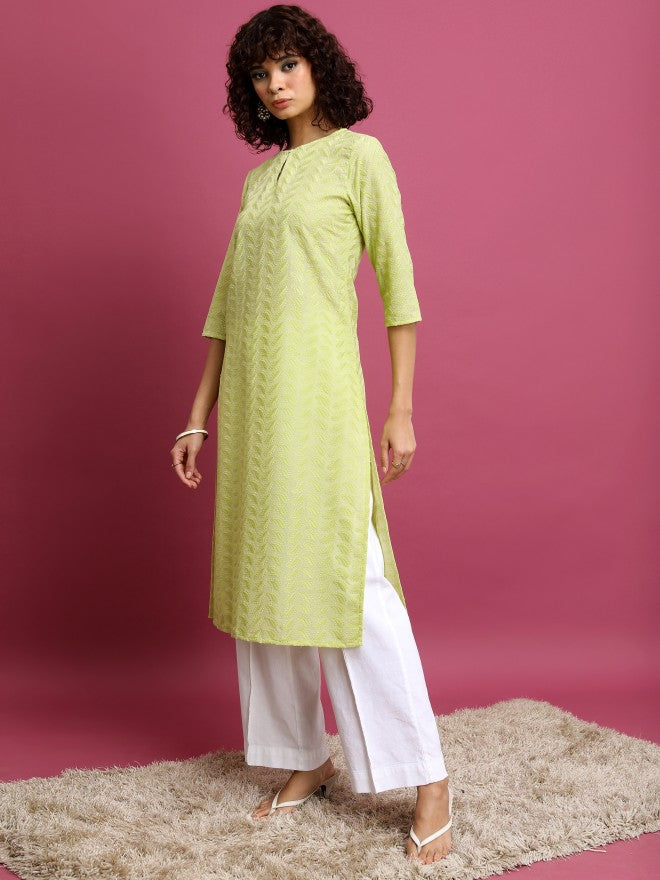 Women Green Woven Design Straight Kurta