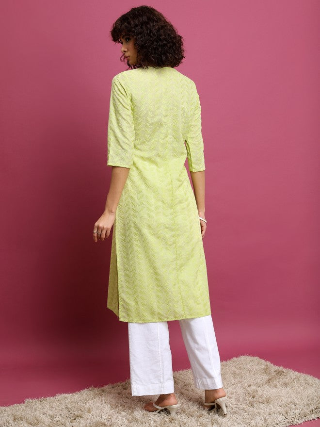 Women Green Woven Design Straight Kurta