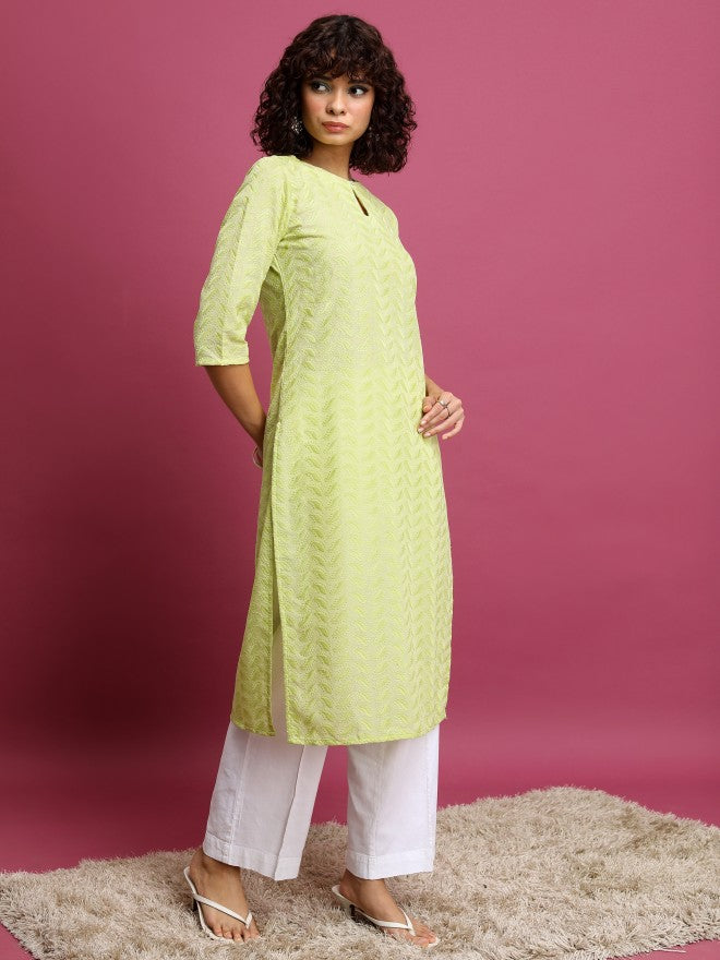 Women Green Woven Design Straight Kurta