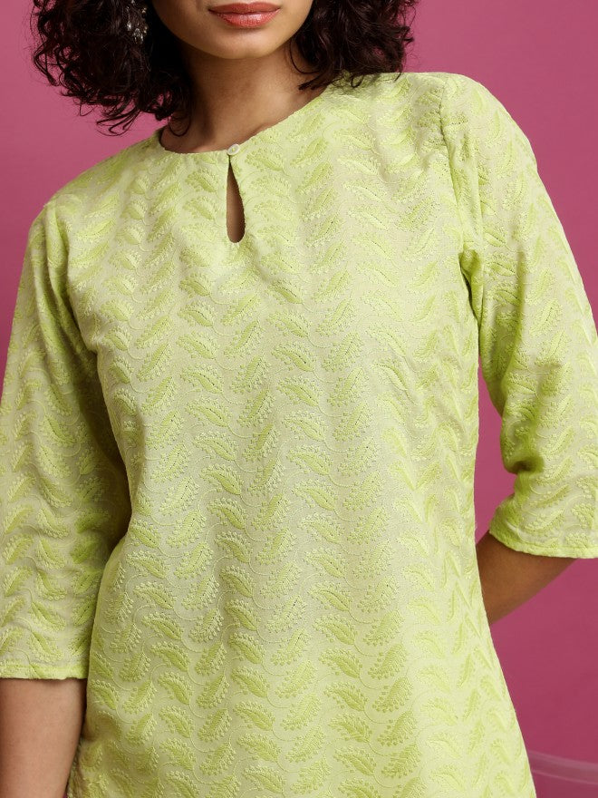 Women Green Woven Design Straight Kurta