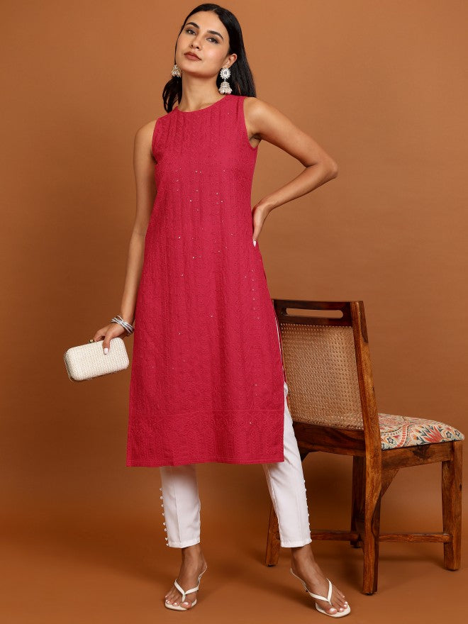 Women Red Woven Design Straight Kurta