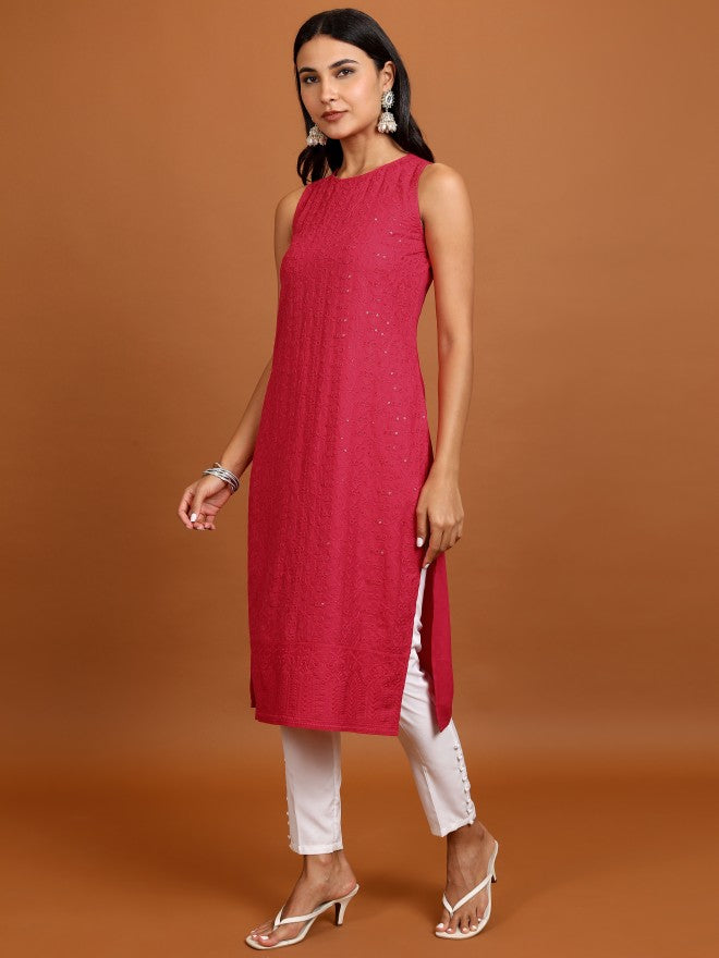 Women Red Woven Design Straight Kurta