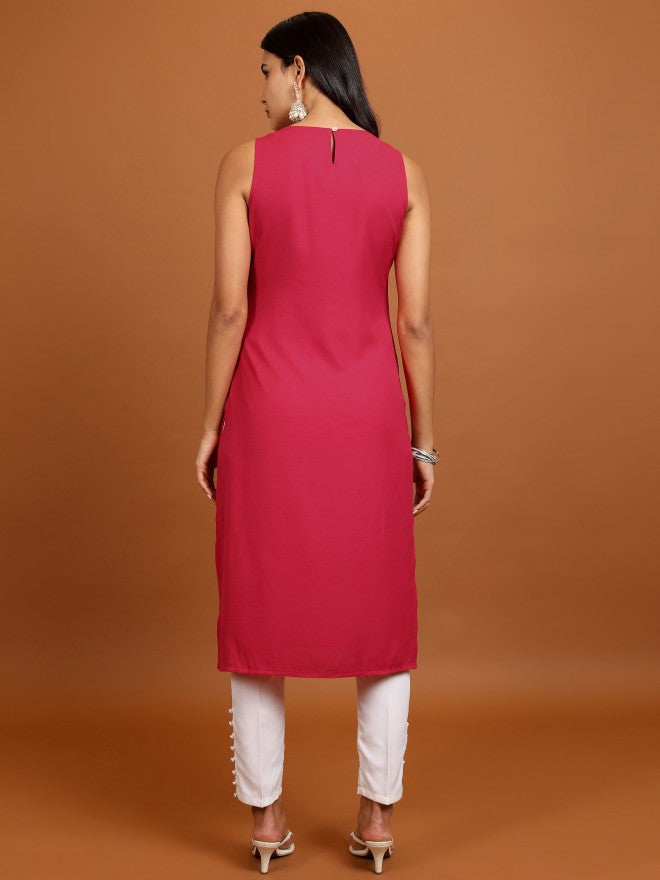 Women Red Woven Design Straight Kurta