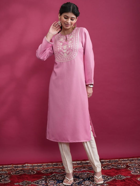 Women Pink Woven Design Straight Kurta