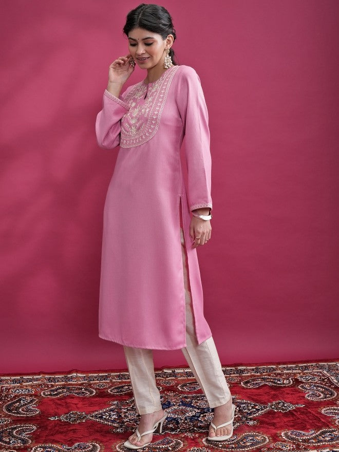 Women Pink Woven Design Straight Kurta