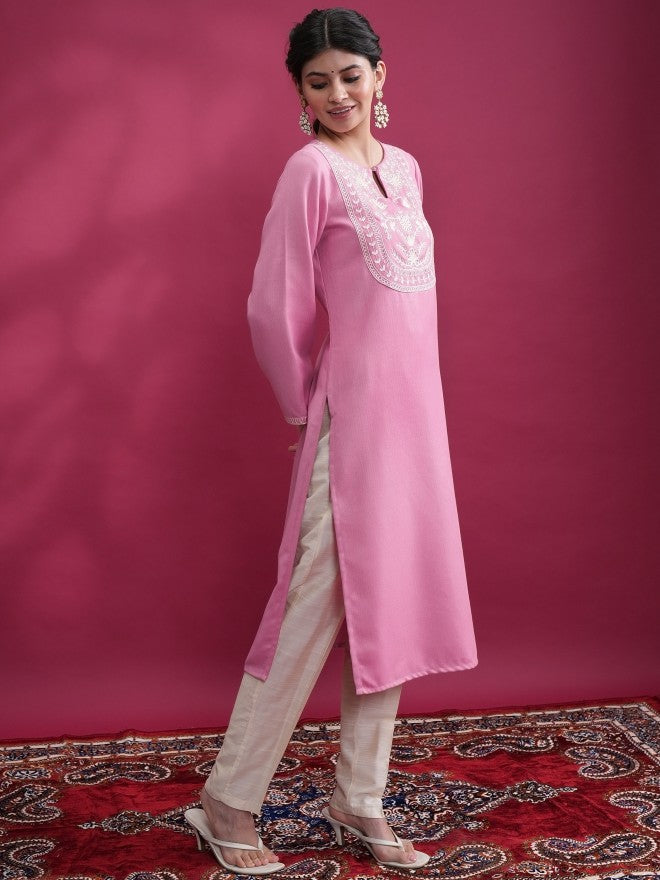 Women Pink Woven Design Straight Kurta