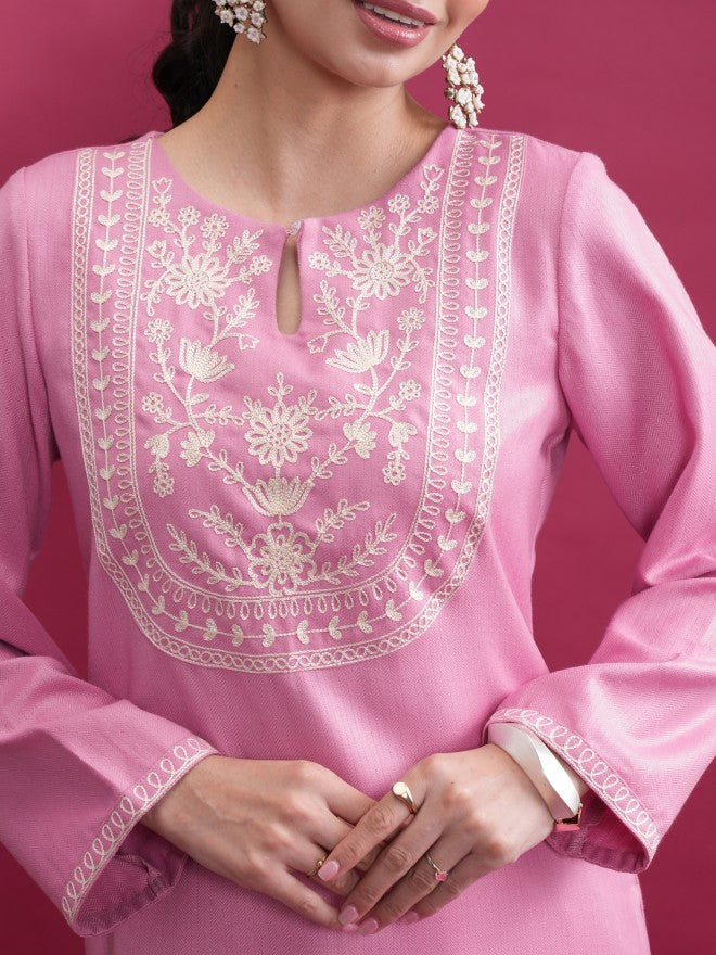 Women Pink Woven Design Straight Kurta