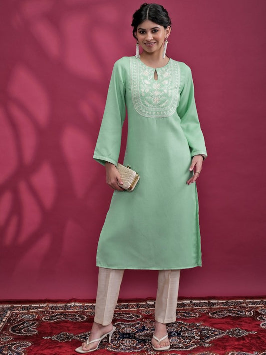 Women Green Embroidered Straight Kurta