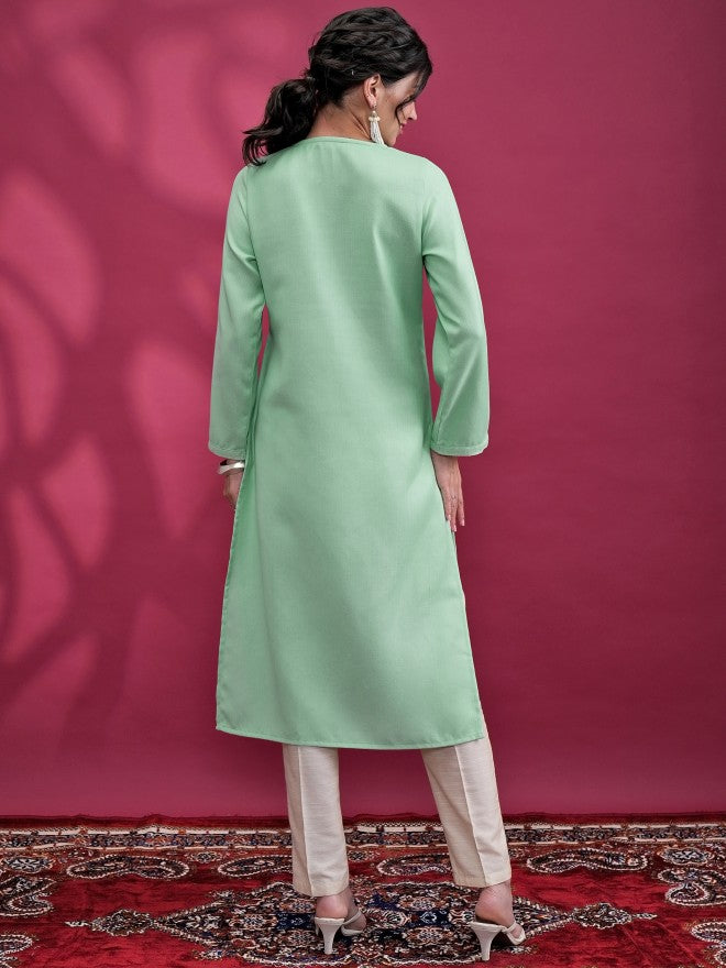 Women Green Embroidered Straight Kurta