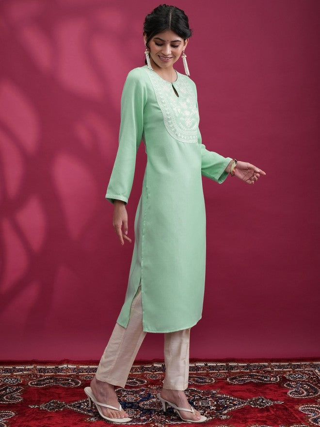 Women Green Embroidered Straight Kurta