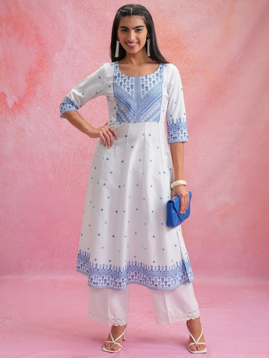 Women White Printed Anarkali Kurta