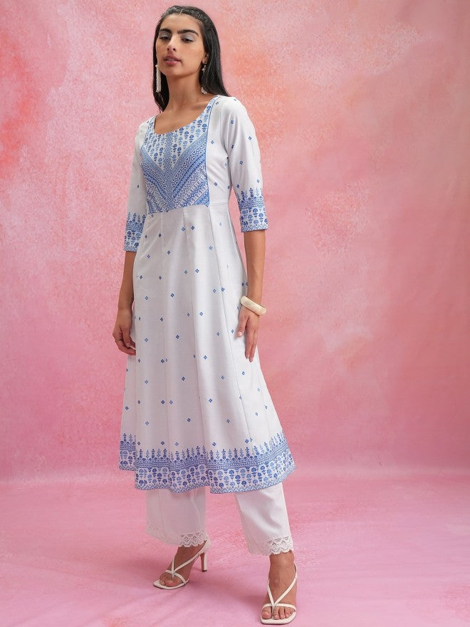 Women White Printed Anarkali Kurta